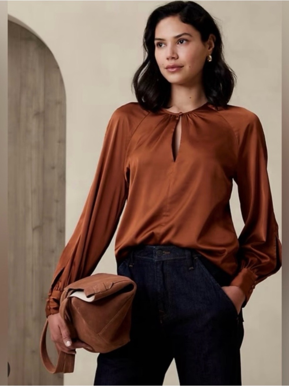 Banana Republic Satin Keyhole Blouse in Copper Brown